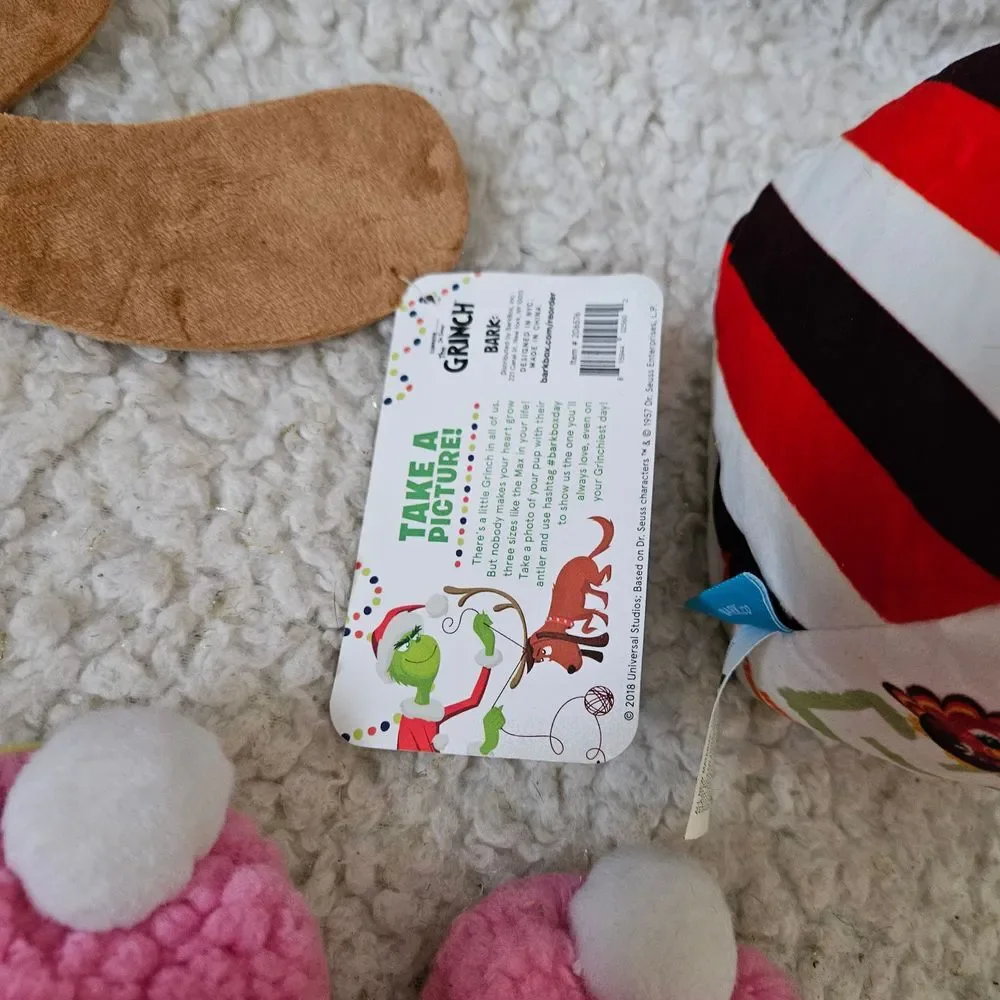 Bark Box Lot‎ of Toys Yappy Meal, Grinch Max's Horn, and Bunny Slippers NWT